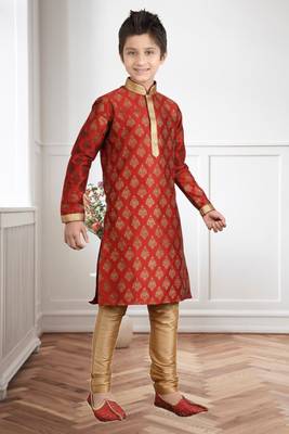 Maroon Art Silk Printed Kids Boys Kurta Pyjama 2