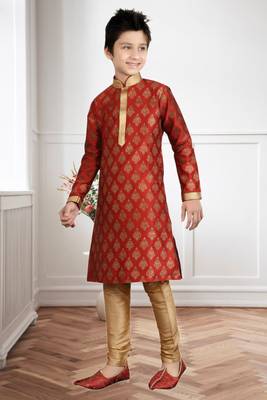 Maroon Art Silk Printed Kids Boys Kurta Pyjama 3