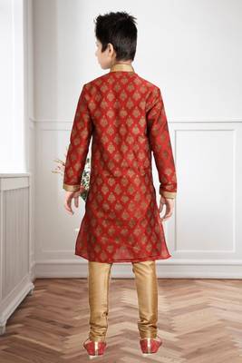 Maroon Art Silk Printed Kids Boys Kurta Pyjama 4