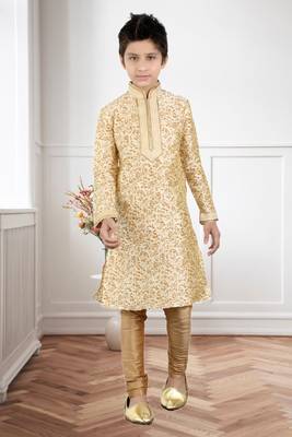 Fawn Art Silk Printed Kids Boys Kurta Pyjama 1