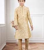 Fawn Art Silk Printed Kids Boys Kurta Pyjama