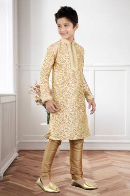 Fawn Art Silk Printed Kids Boys Kurta Pyjama 3