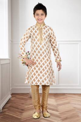 Cream Art Silk Printed Kids Boys Kurta Pyjama 1