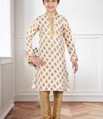 Cream Art Silk Printed Kids Boys Kurta Pyjama