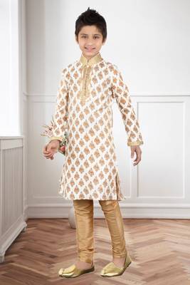 Cream Art Silk Printed Kids Boys Kurta Pyjama 2