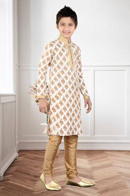 Cream Art Silk Printed Kids Boys Kurta Pyjama 3