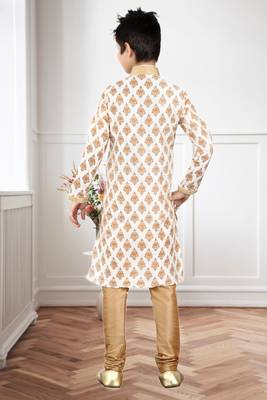 Cream Art Silk Printed Kids Boys Kurta Pyjama 4