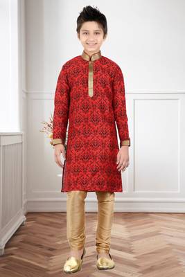 Maroon Art Silk Printed Kids Boys Kurta Pyjama 1