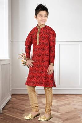 Maroon Art Silk Printed Kids Boys Kurta Pyjama 2