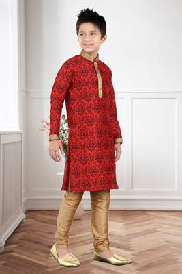 Maroon Art Silk Printed Kids Boys Kurta Pyjama 3