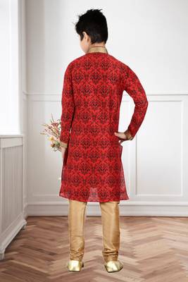 Maroon Art Silk Printed Kids Boys Kurta Pyjama 4