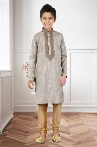 Grey Khadi Cotton Embroidery Kids Boys Kurta Pyjama