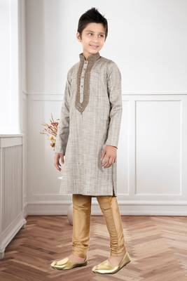 Grey Khadi Cotton Embroidery Kids Boys Kurta Pyjama 2