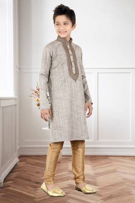 Grey Khadi Cotton Embroidery Kids Boys Kurta Pyjama 3
