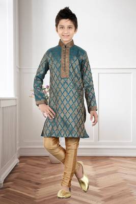 Rama Green Brocket Embroidery Kids Boys Kurta Pyjama 1