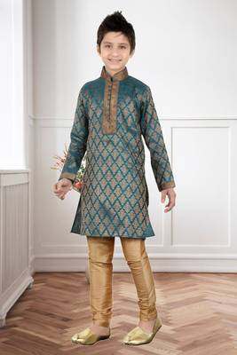 Rama Green Brocket Embroidery Kids Boys Kurta Pyjama 3