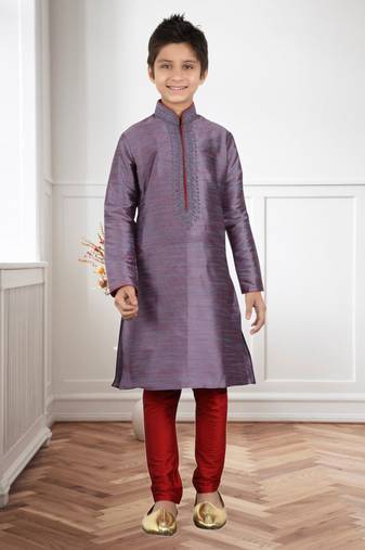 Maroon Art Silk Dori Kids Boys Kurta Pyjama