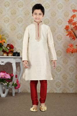 Cream Art Silk Dori Kids Boys Kurta Pyjama 1