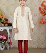Cream Art Silk Dori Kids Boys Kurta Pyjama