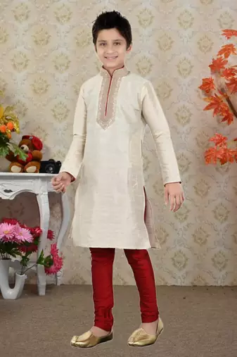 Cream Art Silk Dori Kids Boys Kurta Pyjama