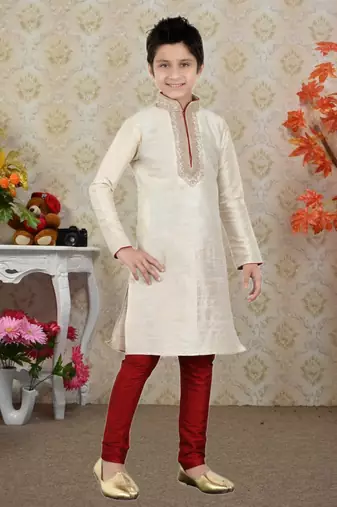 Cream Art Silk Dori Kids Boys Kurta Pyjama