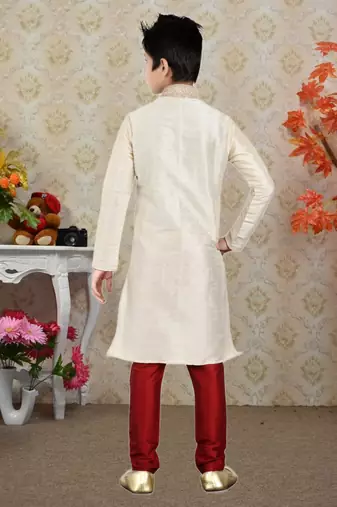 Cream Art Silk Dori Kids Boys Kurta Pyjama