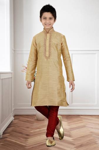Gold Art Silk Dori Kids Boys Kurta Pyjama