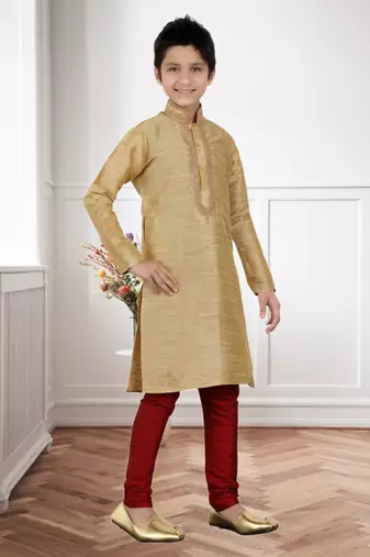 Gold Art Silk Dori Kids Boys Kurta Pyjama