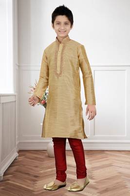 Gold Art Silk Dori Kids Boys Kurta Pyjama 3
