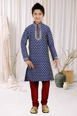 Navy Blue Art Silk Printed Kids Boys Kurta Pyjama 1