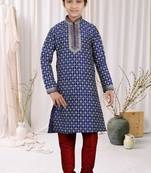 Navy Blue Art Silk Printed Kids Boys Kurta Pyjama