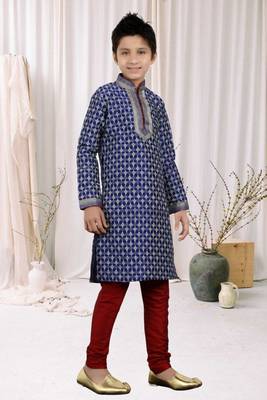 Navy Blue Art Silk Printed Kids Boys Kurta Pyjama 2