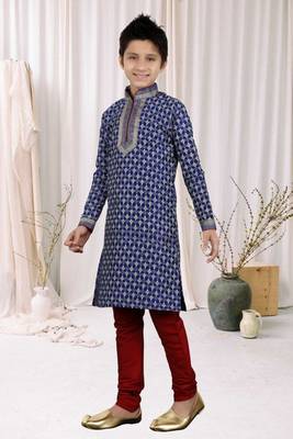Navy Blue Art Silk Printed Kids Boys Kurta Pyjama 3