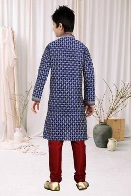 Navy Blue Art Silk Printed Kids Boys Kurta Pyjama 4