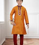 Orange Art Silk Printed Kids Boys Kurta Pyjama