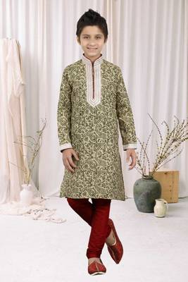 Cream Bhagalpuri Silk Printed Kids Boys Kurta Pyjama 1