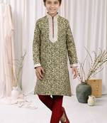 Cream Bhagalpuri Silk Printed Kids Boys Kurta Pyjama