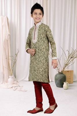 Cream Bhagalpuri Silk Printed Kids Boys Kurta Pyjama 2