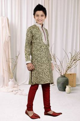 Cream Bhagalpuri Silk Printed Kids Boys Kurta Pyjama 3