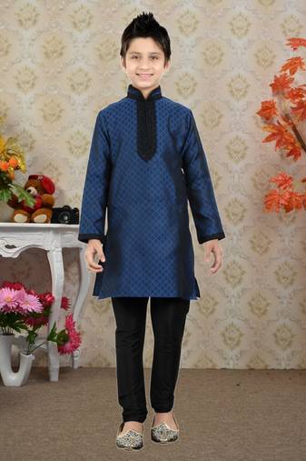 Navy Blue Brocket Embroidery Kids Boys Kurta Pyjama