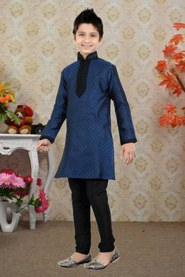 Navy Blue Brocket Embroidery Kids Boys Kurta Pyjama 2