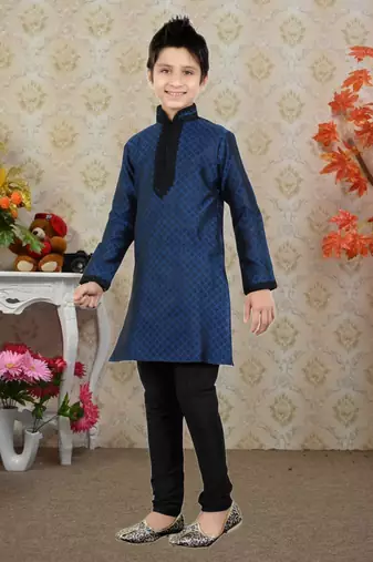 Navy Blue Brocket Embroidery Kids Boys Kurta Pyjama