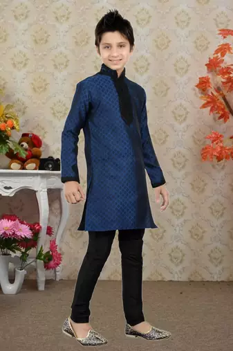 Navy Blue Brocket Embroidery Kids Boys Kurta Pyjama
