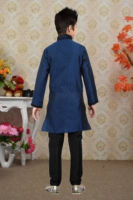 Navy Blue Brocket Embroidery Kids Boys Kurta Pyjama 4