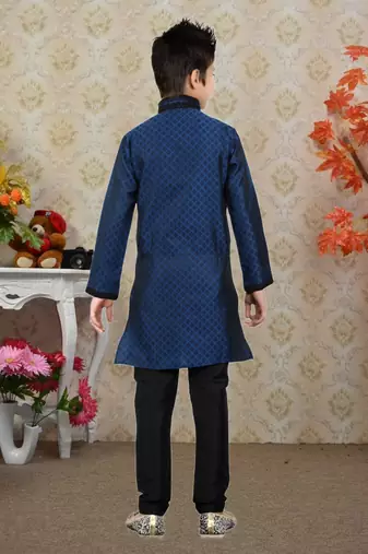 Navy Blue Brocket Embroidery Kids Boys Kurta Pyjama