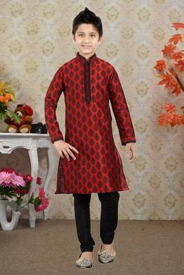 Maroon Art Silk Printed Kids Boys Kurta Pyjama 1