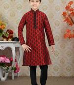 Maroon Art Silk Printed Kids Boys Kurta Pyjama