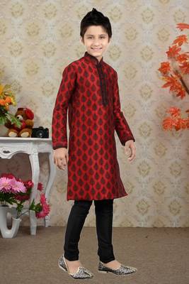 Maroon Art Silk Printed Kids Boys Kurta Pyjama 2