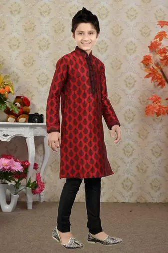 Maroon Art Silk Printed Kids Boys Kurta Pyjama