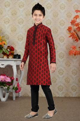 Maroon Art Silk Printed Kids Boys Kurta Pyjama 3
